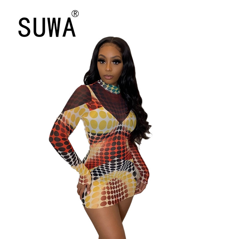 Colorful Dot Printed See Through Mesh Patchwork Sexy Mini Dresses Woman Party Night Club Long Sleeve Bodycon Vestidos 210525, Multi
Colorful Dot Printed See Through Mesh Patchwork Sexy Mini Dresses Woman Party Night Club Long Sleeve Bodycon Vestidos 210525, Multi