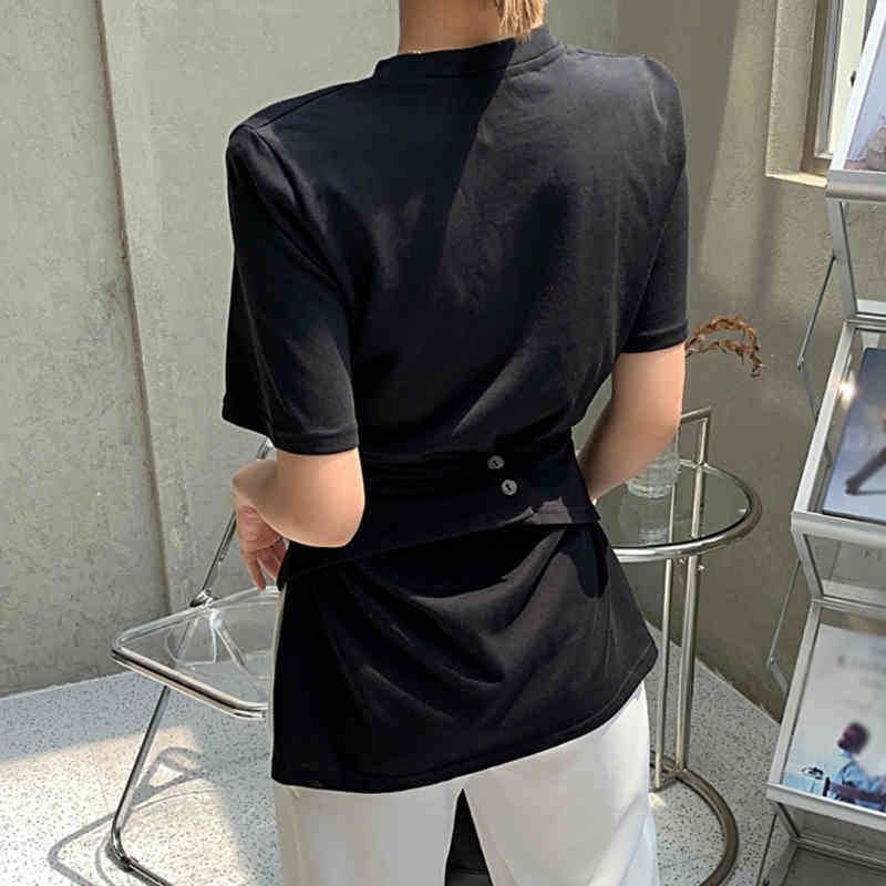 TWOWINSYLE Casual Ruched Irregular Shirt For Women O Neck Short Sleeve Solid Shirts Females Summer Fashion Stylish 210524
