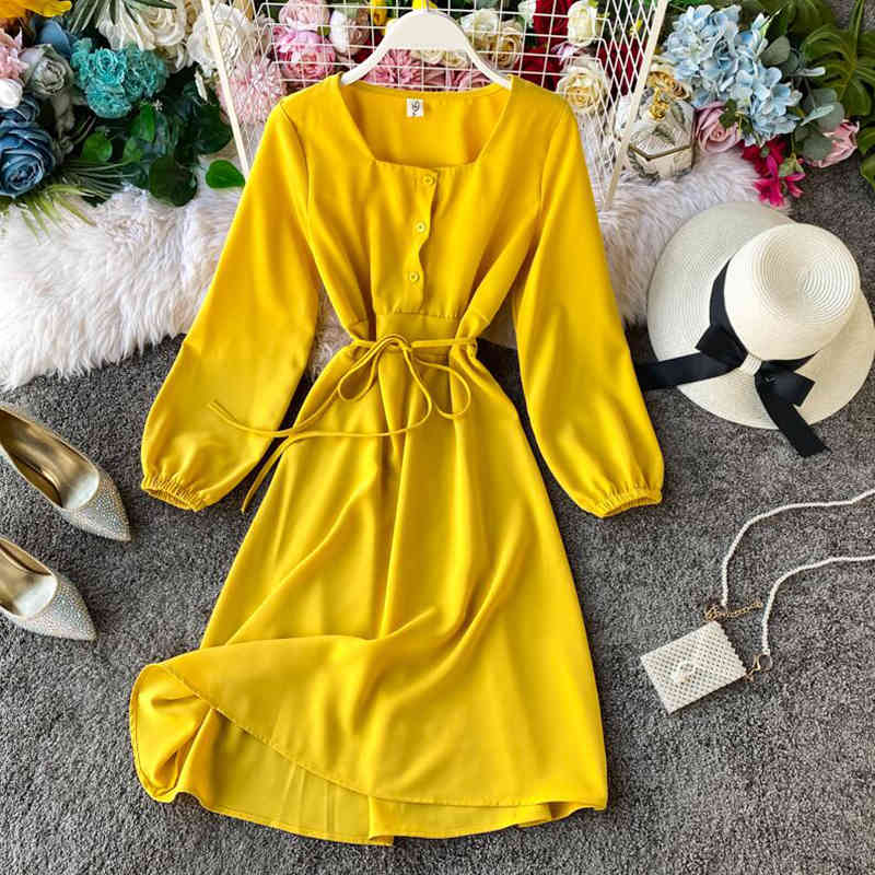 Spring Korean Solid Color Dress Women Long Sleeve Slim Party Dress Square Collar Basic Dresses High Waist Elegant Vestidos 210521