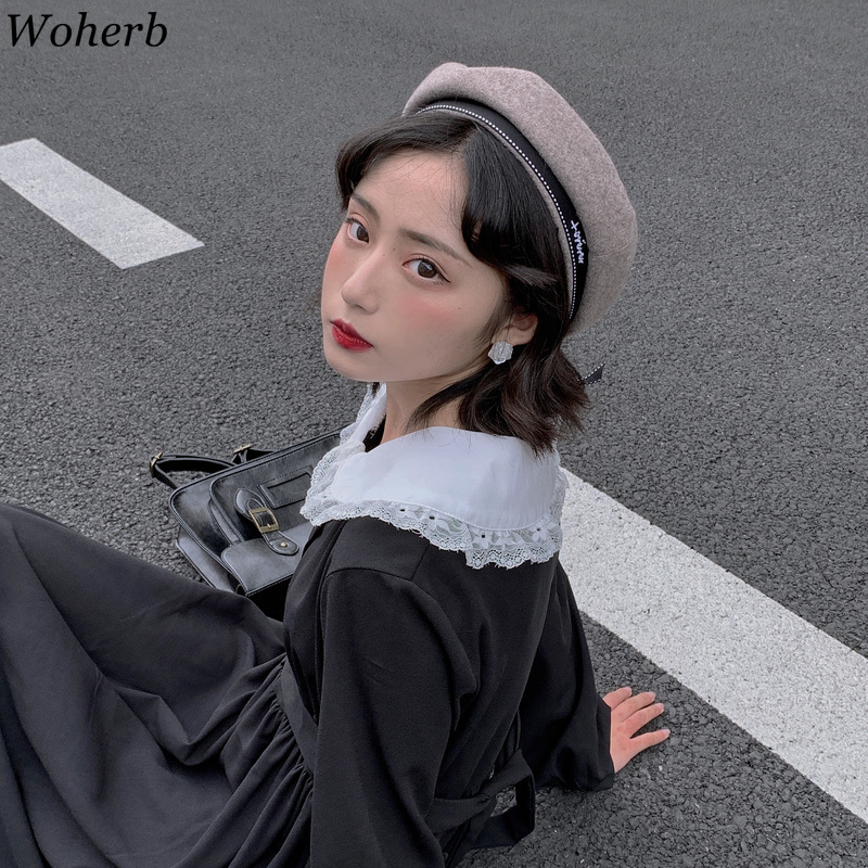 Black Fashion Dress Korean Vintage Slim Waist Long Sleeve Dresses Women Peter Pan Collar Lace Up Vestidos 25383 210519