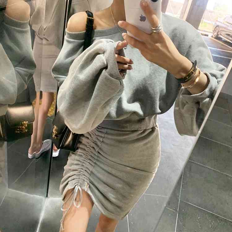 Fashion Women Vintage Gray Drawstring Dress Bodycon Mini Female Lantern Sleeve O Neck Casual Sexy Spring Summer 210519