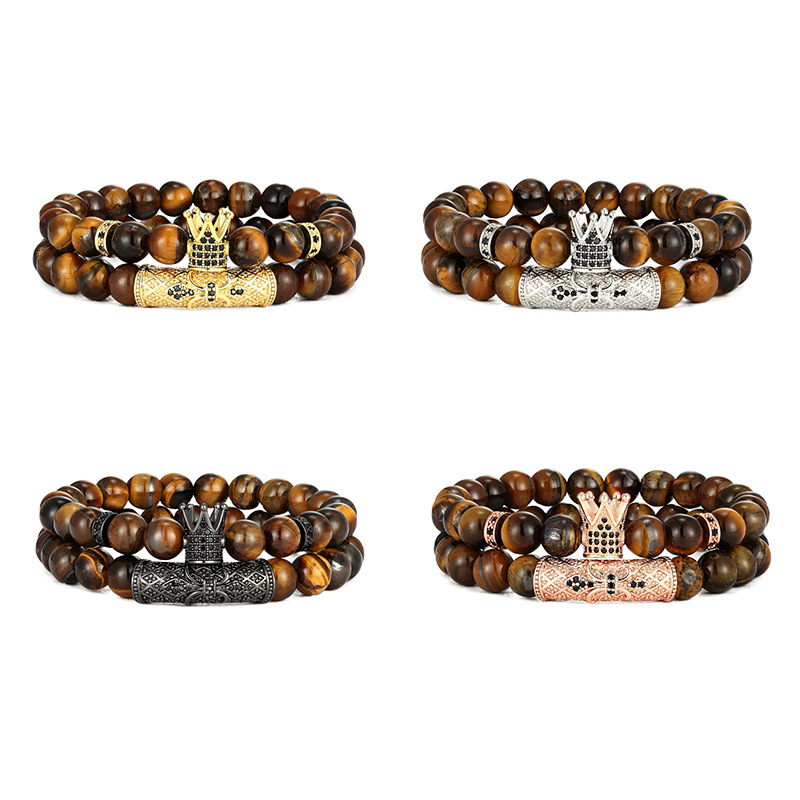 High Quality Tiger Eye Beads Strands Bracelets CZ Copper Tube Crown Charm Bracelet 2PCS/Set