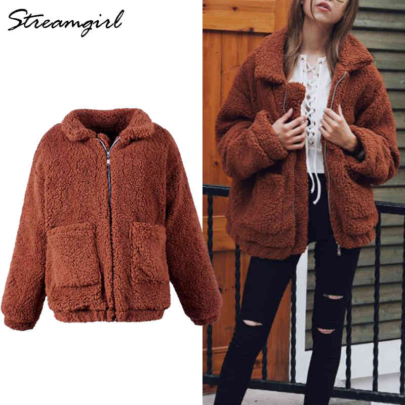 Women Brown Fur Coat Teddy Fluffy Jackets Autumn Winter Warm Soft Zipper Faux Fur Coat Women Loose Outwear Ladies Fur Coats 210421