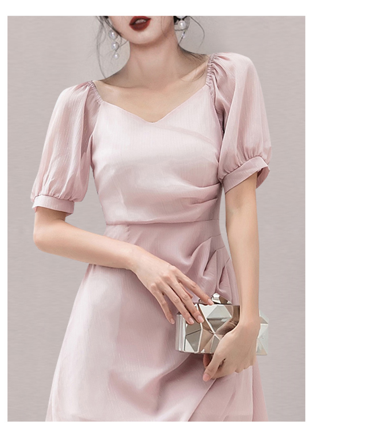Women's Dress Summer Elegant V-Neck Puff Sleeve Chiffon Mini Dress Female Ruched Slim Waist A-Line Dress 210518