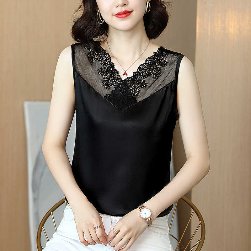 Korean Fashion Satin Tank Top Women Lace Sleeveless Plus Size XXXL/5XL Office Lady 210531