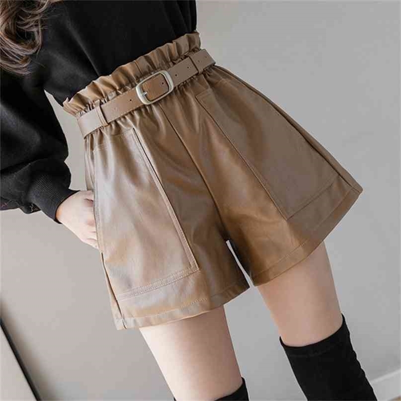 Autumn Winter Women's Leather Shorts High Waist Elastic A-line Black Brown Elegant Pu Bottoms Wide-legged Female Pants 210714