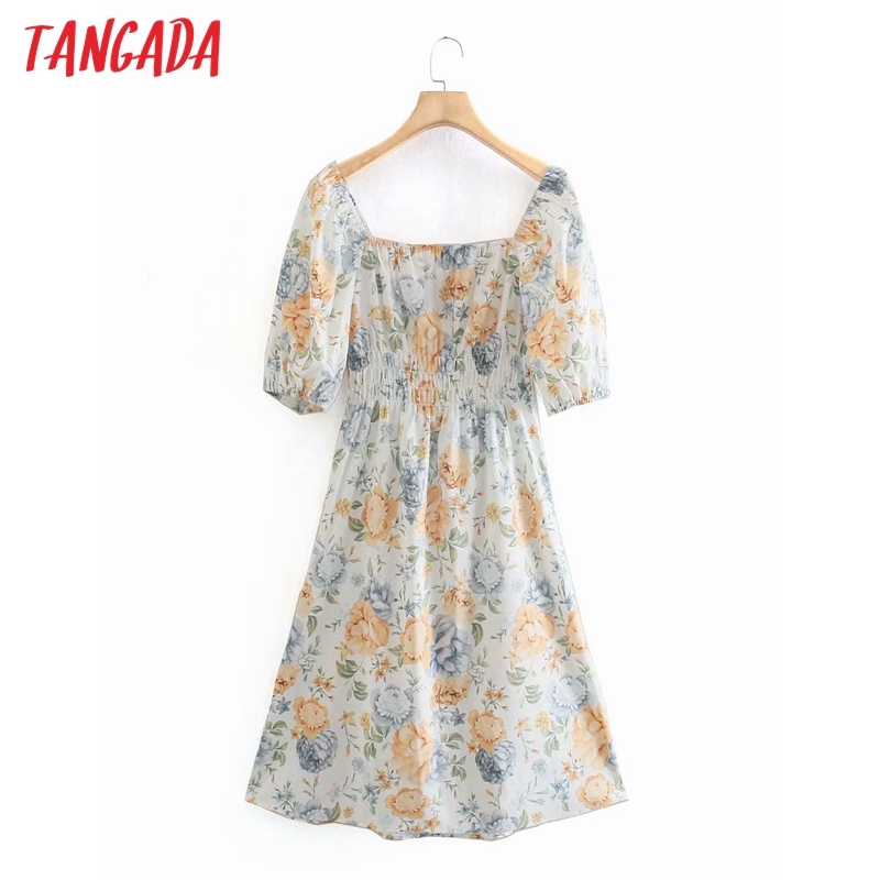 Summer Women Floral Print Midi Square Neck Short Sleeve Ladies Dress Vestidos XN333 210416