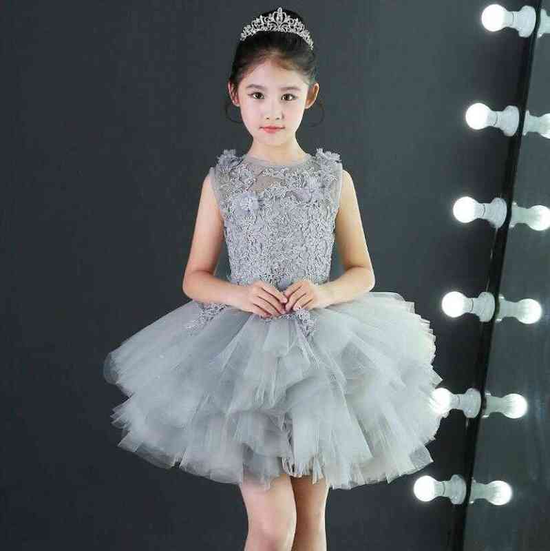 Kids Dresses Girl Long Trailing Prom Gray Tulle Gowns Appliques Lace New Children Graduation Dress Teen Wedding Bridesmaid Robe G1218