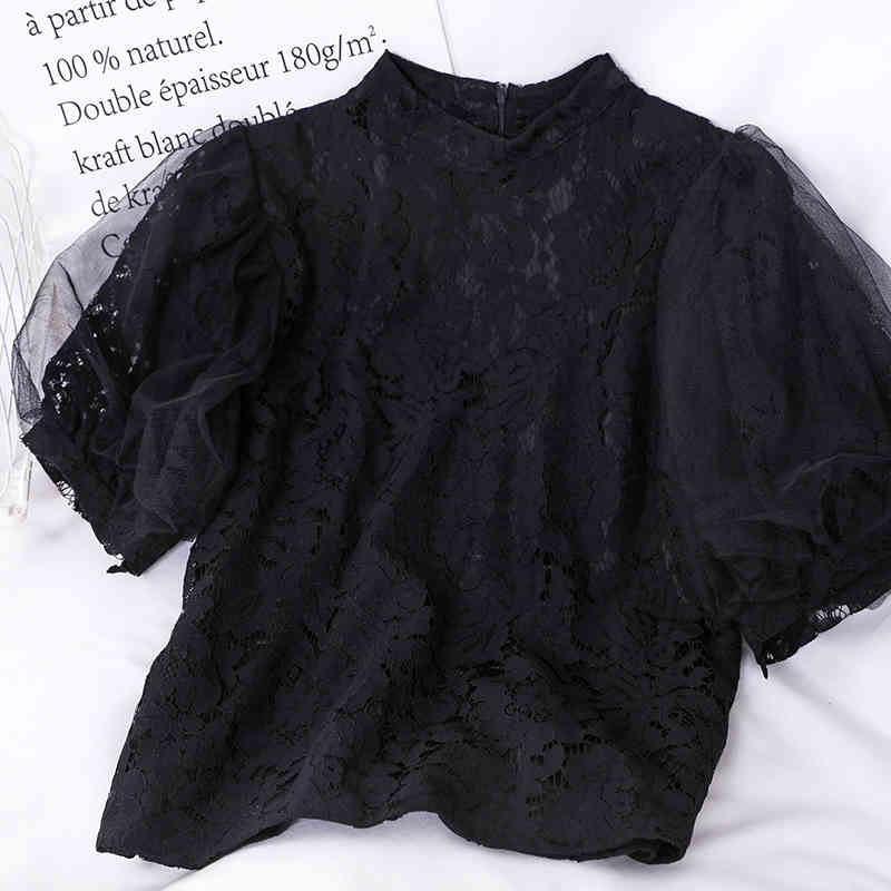 Lace Mesh Sweet Solid Women Tops and Blouses Stand Collar Pink Chic Short Sleeve Shirts Retro 13899 210415