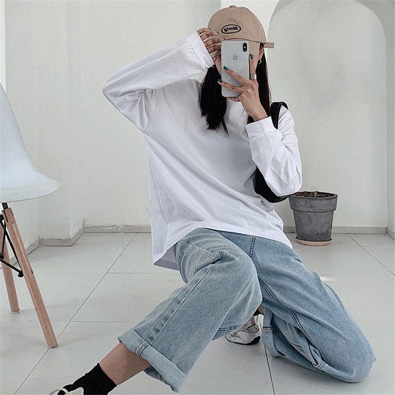 All Match Brief Oversize Tops Solid Loose High Quality Casual Full Sleeves Women Basic Korean T-shirt 210421