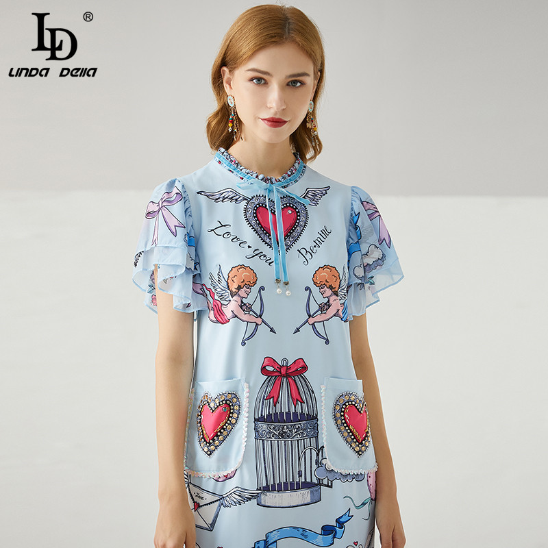 Summer Women Vintage Mini Dress Fashion Runway Ladies Bow tie Pockets Beading Print Slim Straight 210522