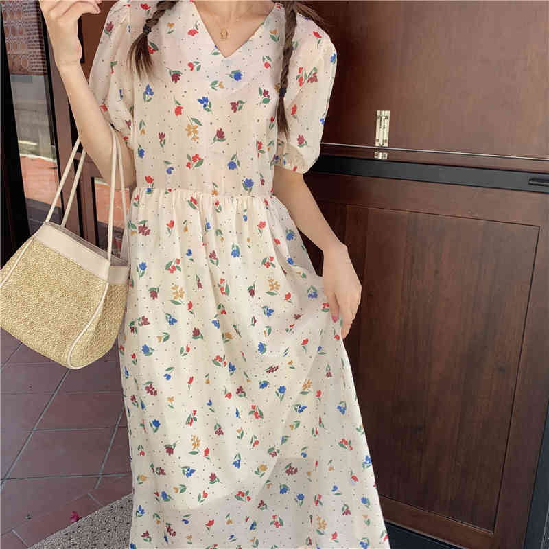 Spring Summer dress korean style floral print V neck a line dress Puff Short Sleeve long dress womens (K8134) 210423