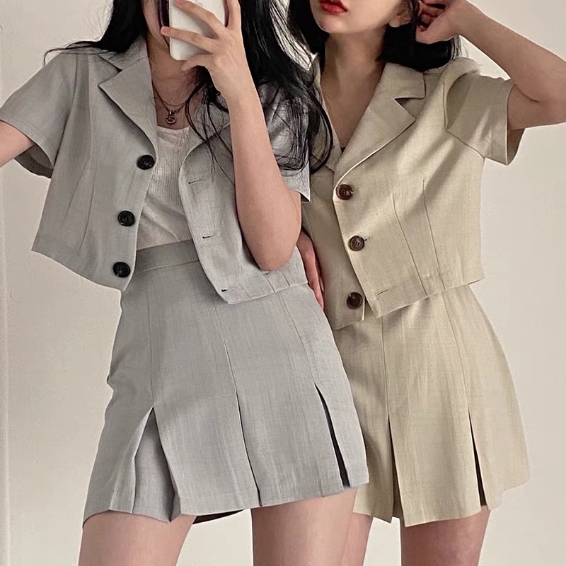 Korea Summer Two Piece Set Elegant Notched Office OL Short Blazer + High Waist Mini Pleated Skirts Outfits 210519