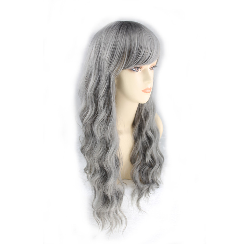 WoodFestival Grandmother grey wig long synthetic fiber wig women kinky curly wigs bangs natural cheap hair wigs wavy 70cm 28 inch