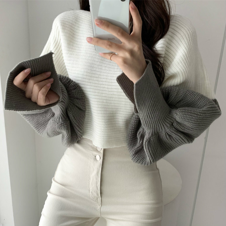 Nomikuma Slash Neck Short High Waist Pullover Sweater Korean Split Batwing Long Sleeve Knitwear Autumn Winter Pull Femme 6C856 210427