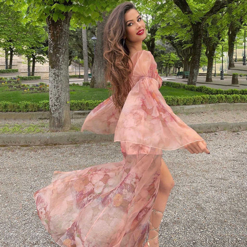 Summer Sexy Print Two-Piece Women'S Off-Shoulder Long Lantern Sleeve Crop Top High Open Skirt Fashion Party Suit 210527