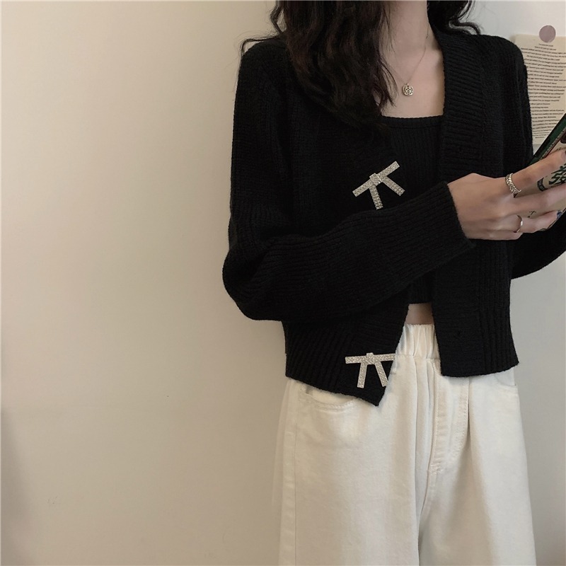 Sweater Autumn V Neck Full Red Knitted Cardigan Short Slim Outfits Bow Diamond Single Breasted Knitwear Top Jumpers Retro Korean 210429