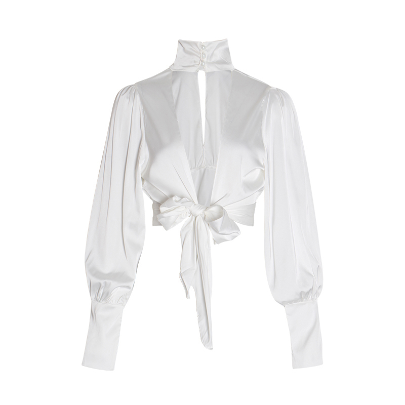 Backless White Spring Shirt For Women Turtleneck Long Sleeve Lace Up Bowknot Blouse Female Fashion Clothing 210524