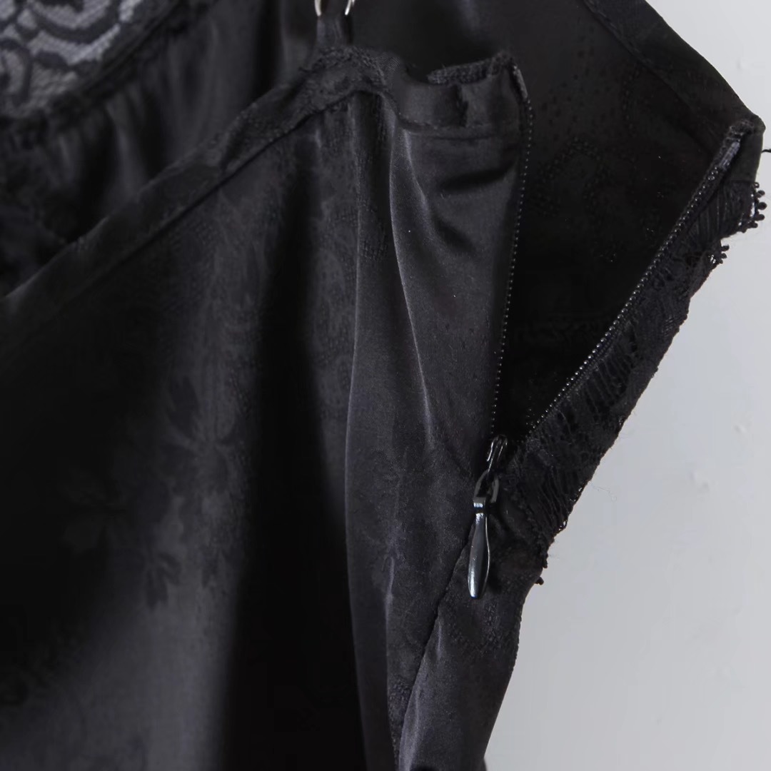 Sexy Spliced Lace Jacquard Bright Satin Sling Dress Woman Vintage Spaghetti Strap Bodycon Like Silk Short Base Black 210429