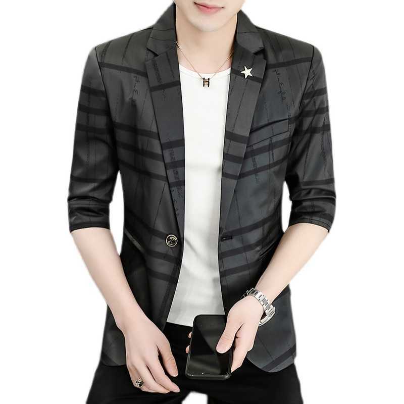 Fashion Men Blazers Plaid Casual Suit Jacket 3/4 Sleeve Wedding Business Blazer Street Wear Social Slim Coat Costume Homme 210527