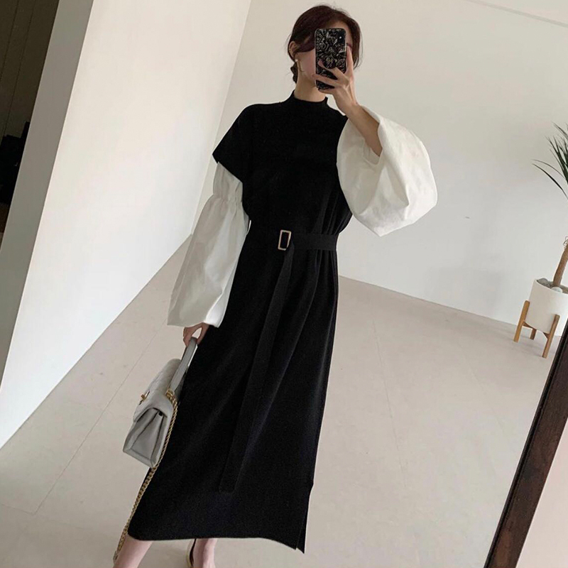 Knitted Sweater Dress Women Loose Long Patchwork Robe Mujer Contrast Color Vintage Korean Dresses Stand Collar Vestidos 210519