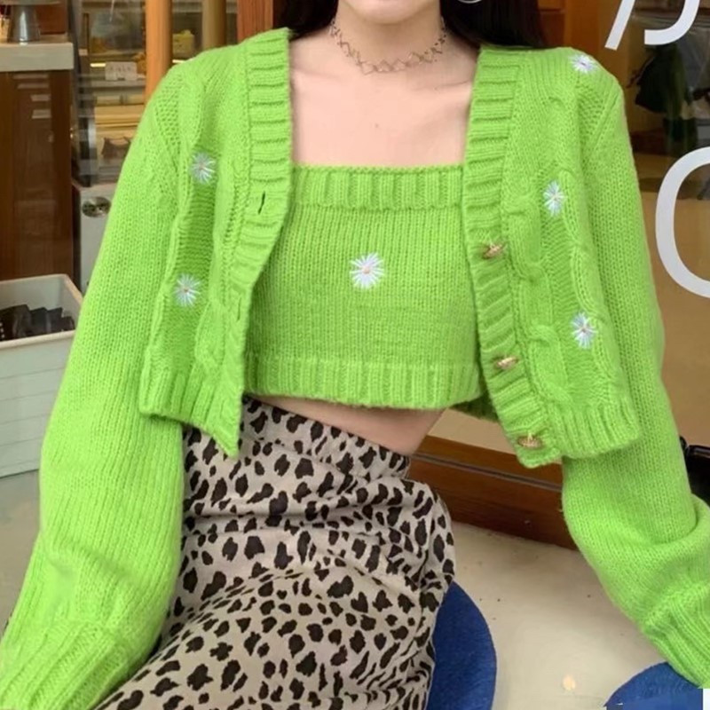 1 set Autumn Korea Style Vintage Embroidery Flower Cardigan Tank Top V neck Single-breasted Button Knitted Crop Sweater Jumper 210429