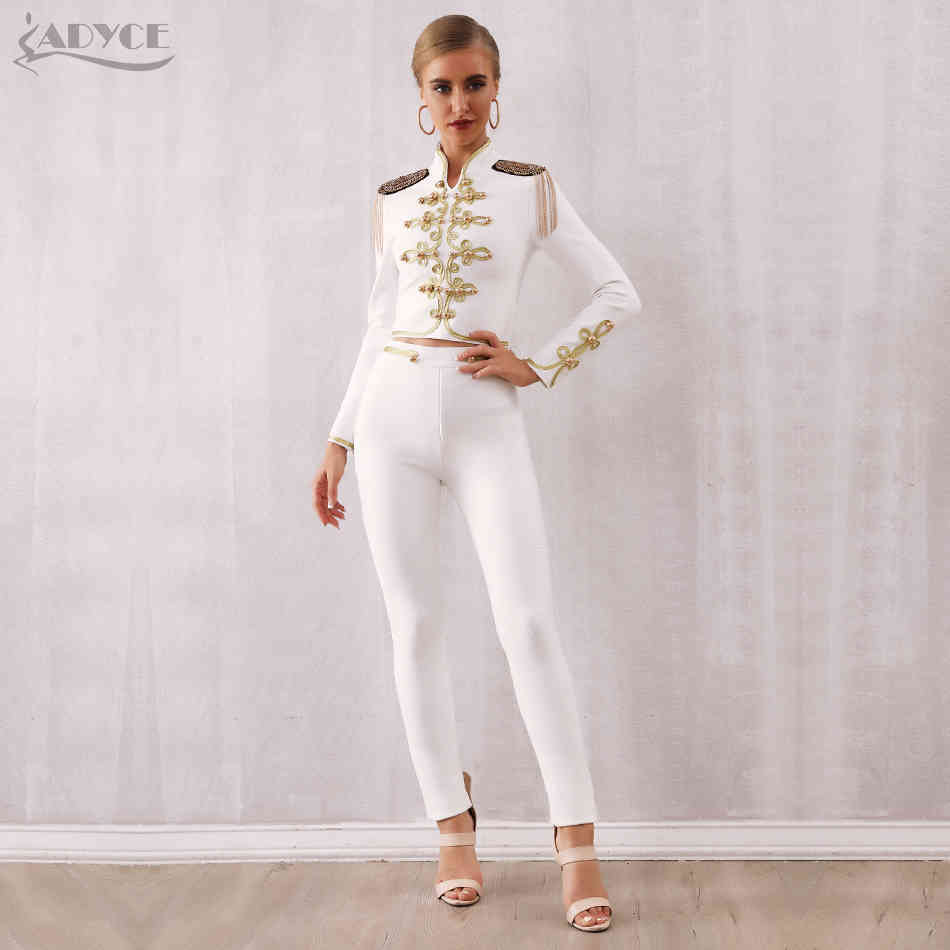 Winter Women Club Bandage Set Black White Tassel Tops&Pant 2 Two Pieces Night Out Celebrity Evening Party 210423