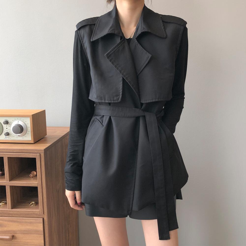 Fahion Minimalist Sleeveless Vest Trench Coat Elegant OL Overcoat Autumn Loose Lapel Casual Windbreaker Tops 210421
