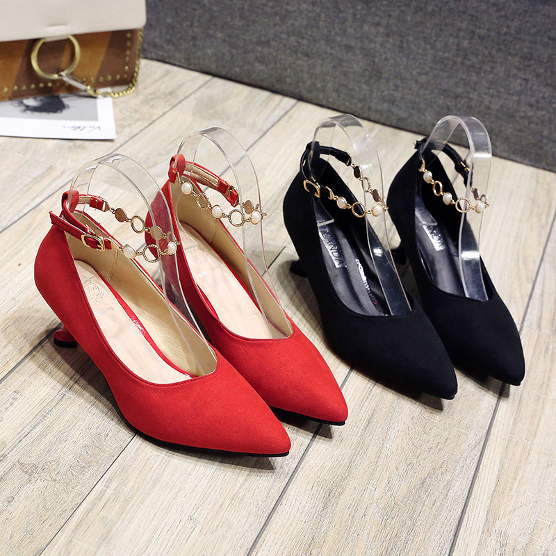 Top Quality Top Zapatos Dama Women Cute Red Pointed Toe Buckle Stray Crystal Stiletto Heel Shoes Lady Casual Black Office Shoes B6100