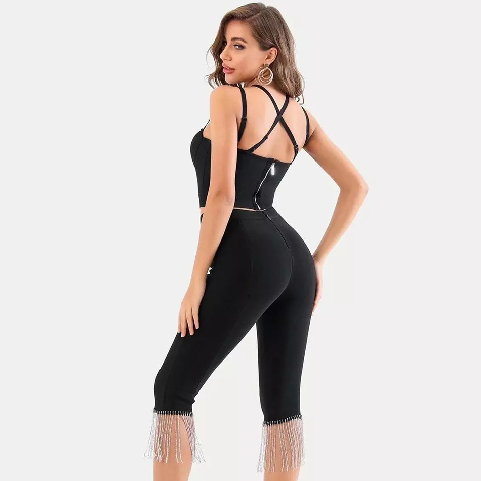 Free Diamond Tassel Bandage Pants Set Sexy Halter Short Vest & Tight Cropped Ladies Two-piece 210524