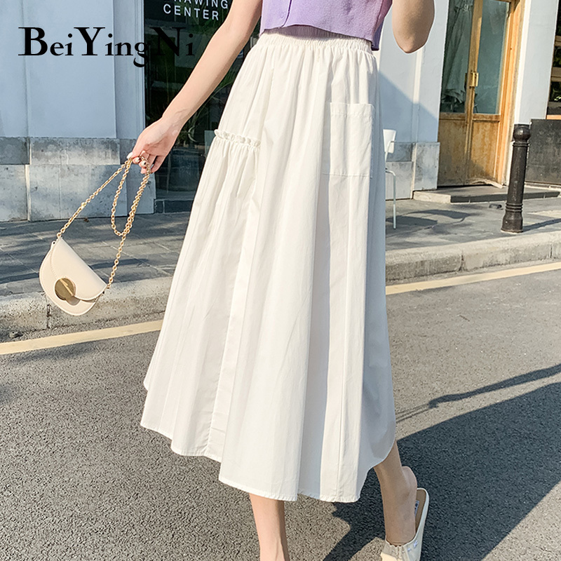 White A Line Midi Skirts Womens Pockets High Waist Chic Korean Vintage Slim Skirt Woman Patchwork Harajuku Streetwear 210506