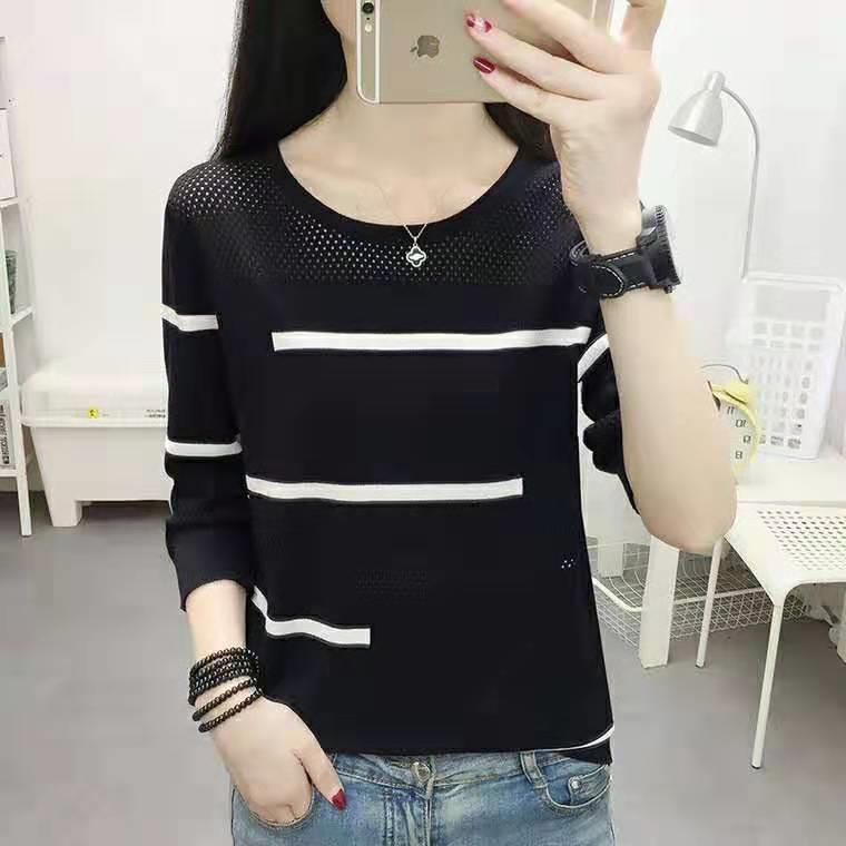Girls Hollow Striped Sweater Women Cool Round Neck Loose Base Pullovers Jumper Long Sleeves Female Spring Summer 210427