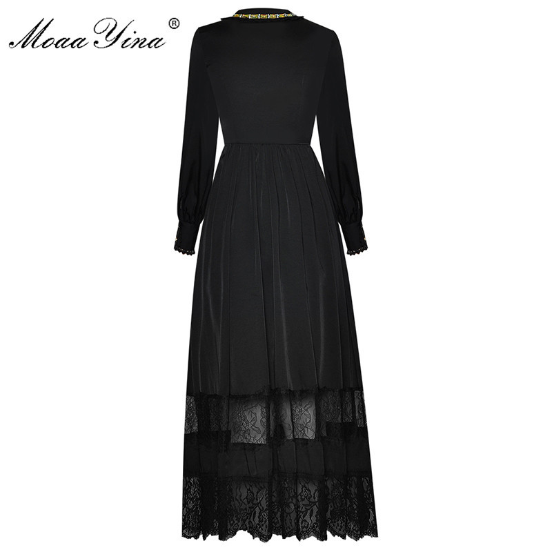 Fashion dress Spring Women's Dress Beaded Diamond Peter pan Collar Long sleeve Black Lace Elegant long Dresses 210524