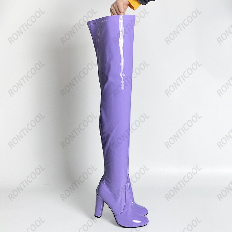 Rontic Handmade Women Thigh High Boots Square High Heels Round Toe Pretty Purple Casual Shoes Women Us Size 5-20