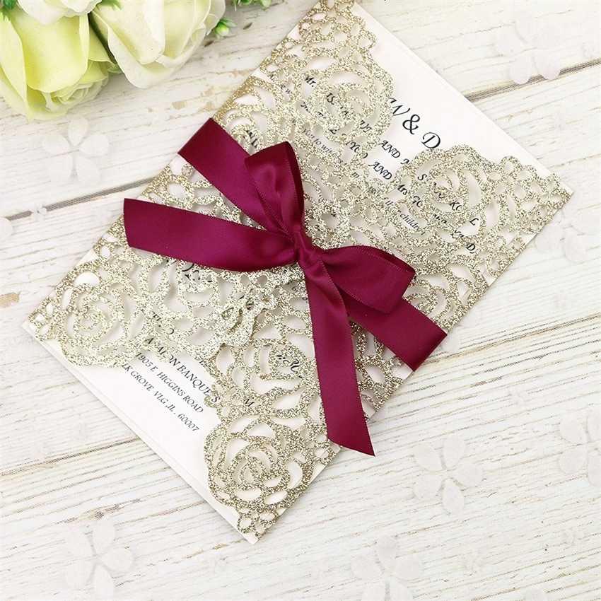 2021 Hot Invitation Cut Gold Laser Cards Glitter Sale With Burgundy Ribbons For Wedding Bridal Shower Engagement Birthday Gra