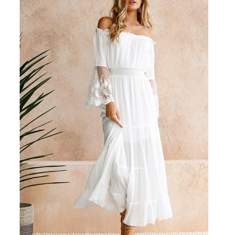 New Fashion Off Shoulder White Lace Dress Lady Shirt Dress Long Sleeve Casual Dresses Elegant Midi Dress Robe 210415