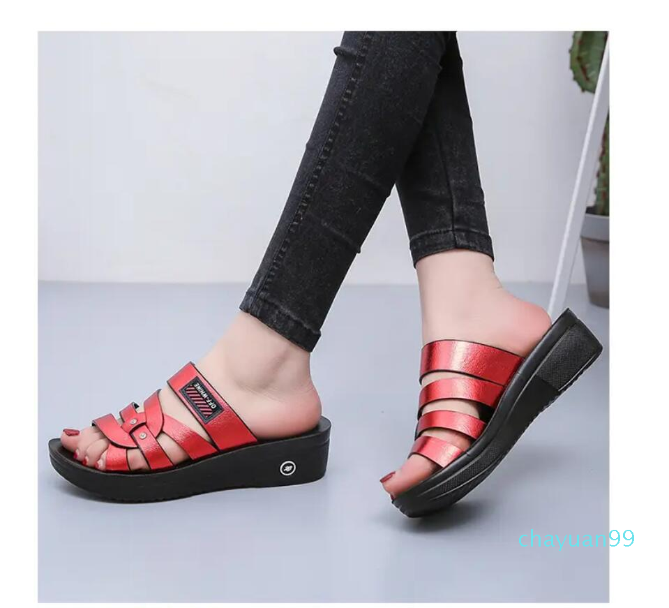 2021 summer sandals Women's shoes mid-high heel open-toe non-slip middle-aged and elderly mother - slippers Szie:36-412021