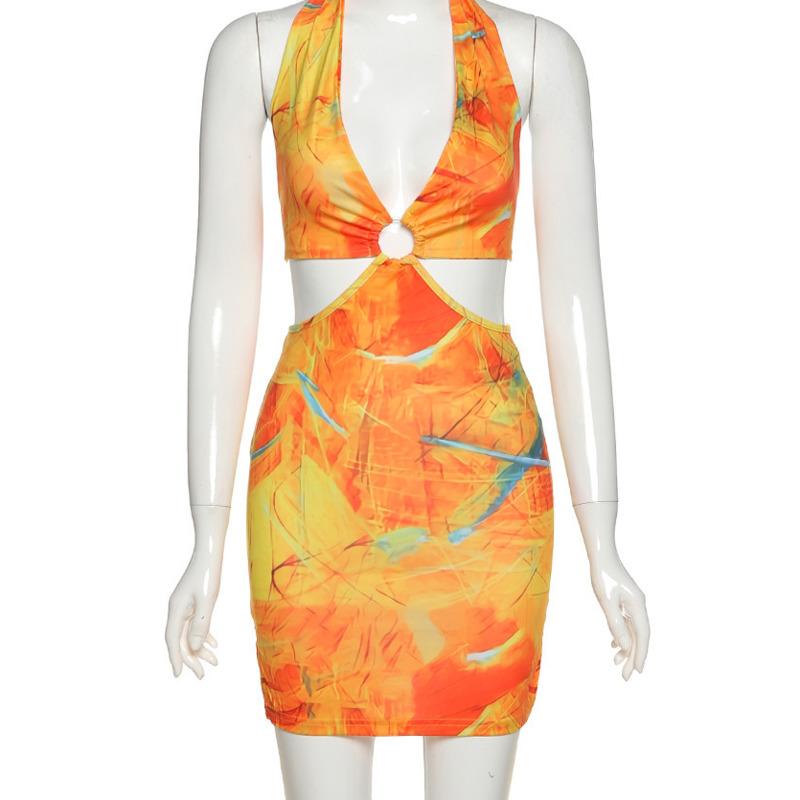 Casual Dresses Club Wild Contrast Hollow Out Woman Summer Sexy Bodycon Patchwork Street Wear Low-cut Halter Beach Dress 2021