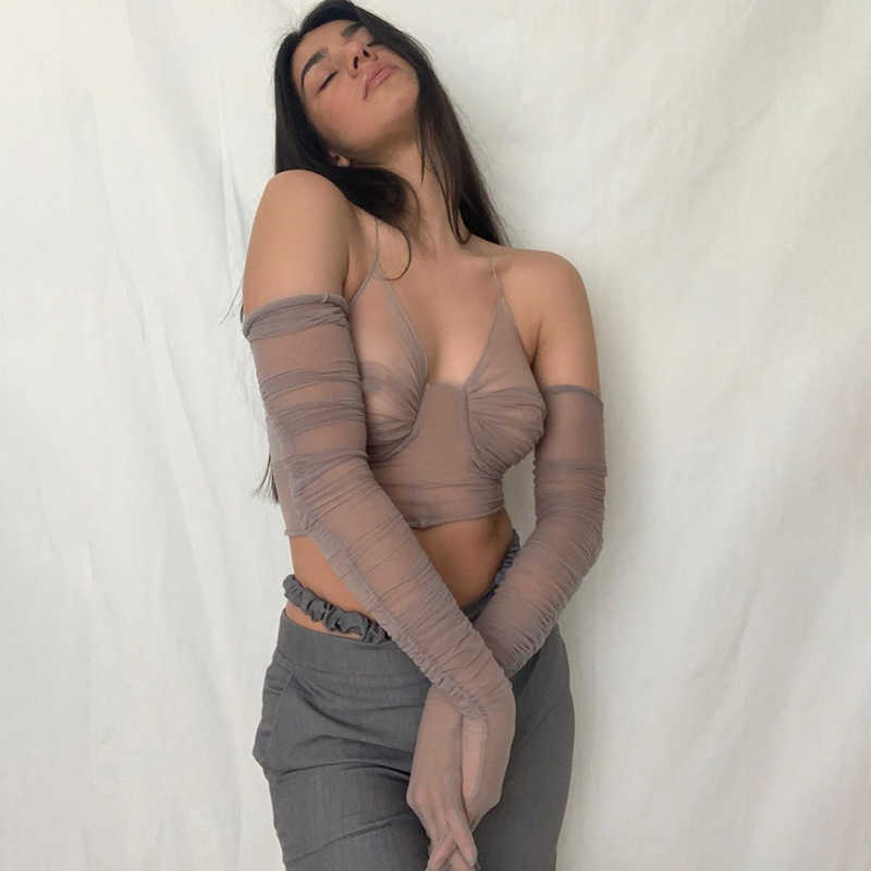 Colysmo Mesh Crop Top with Gloves See Through Cut out V Neck Tie up Ruched Halter Sexy Clubwear Women Chic Summer Tank 210527