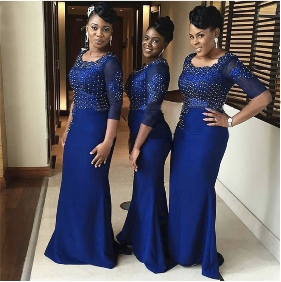 Luxury Beads Red Lace Bridesmaid Dresses Mermaid Sheer Half Sleeves Appliques Scoop Neck Women Long Wedding Party Dress Formal