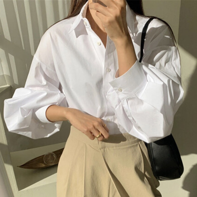 Minimalist Solid Color Blouse Women's Spring Lapel Single Breasted Long Sleeve Loose Shirt Female 8P127 210427