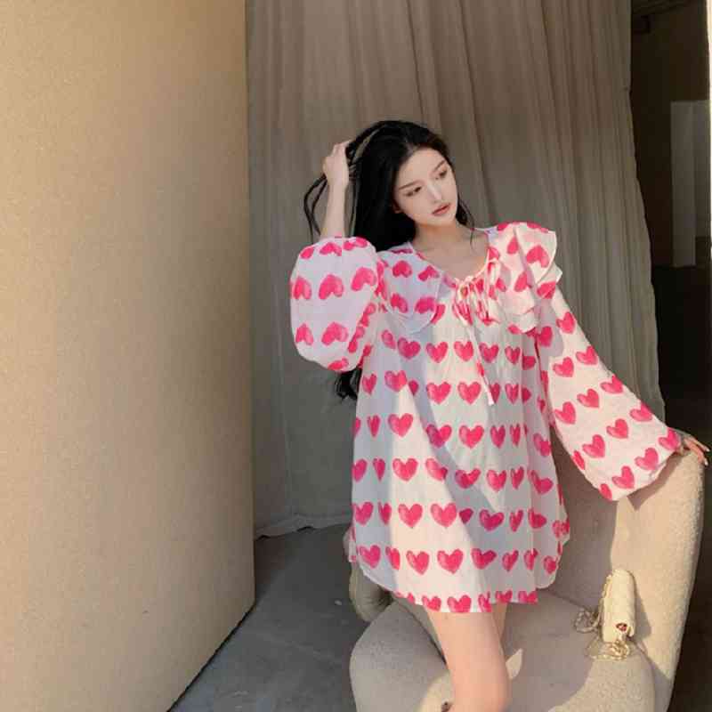 Nomikuma Korean Love Heart Printed Chiffon Blouse Shirt Causal Lantern Sleeve Peter Pan Collar Oversized Women Top Blusas 6F182 210427