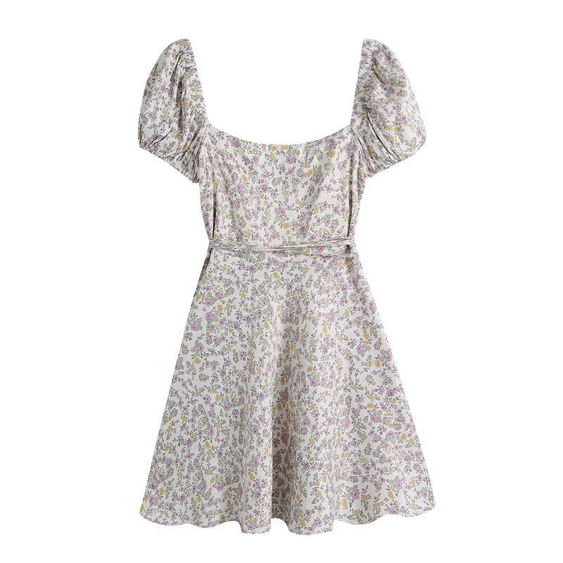 PUWD Sweet Women V Neck Draw Back Dress Summer Fashion Ladies College Style Cute Female Silk Texture Print 210522