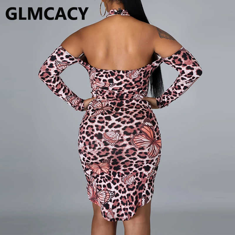 Women Long Sleeve Halter Leopard Dress Sexy Bodycon Backless Party Club Dresses 210702