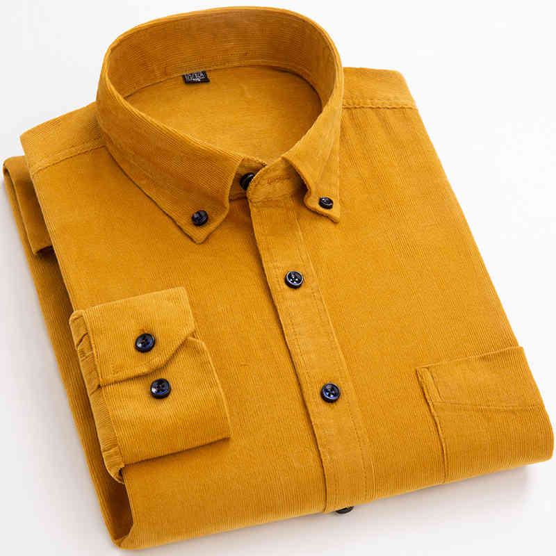 Cotton Corduroy Shirt Long Sleeve Winter Regular Fit Mens Casual Shirt Warm S~6xl Solid Men's Shirts with Pokets Autumn Quality 210410