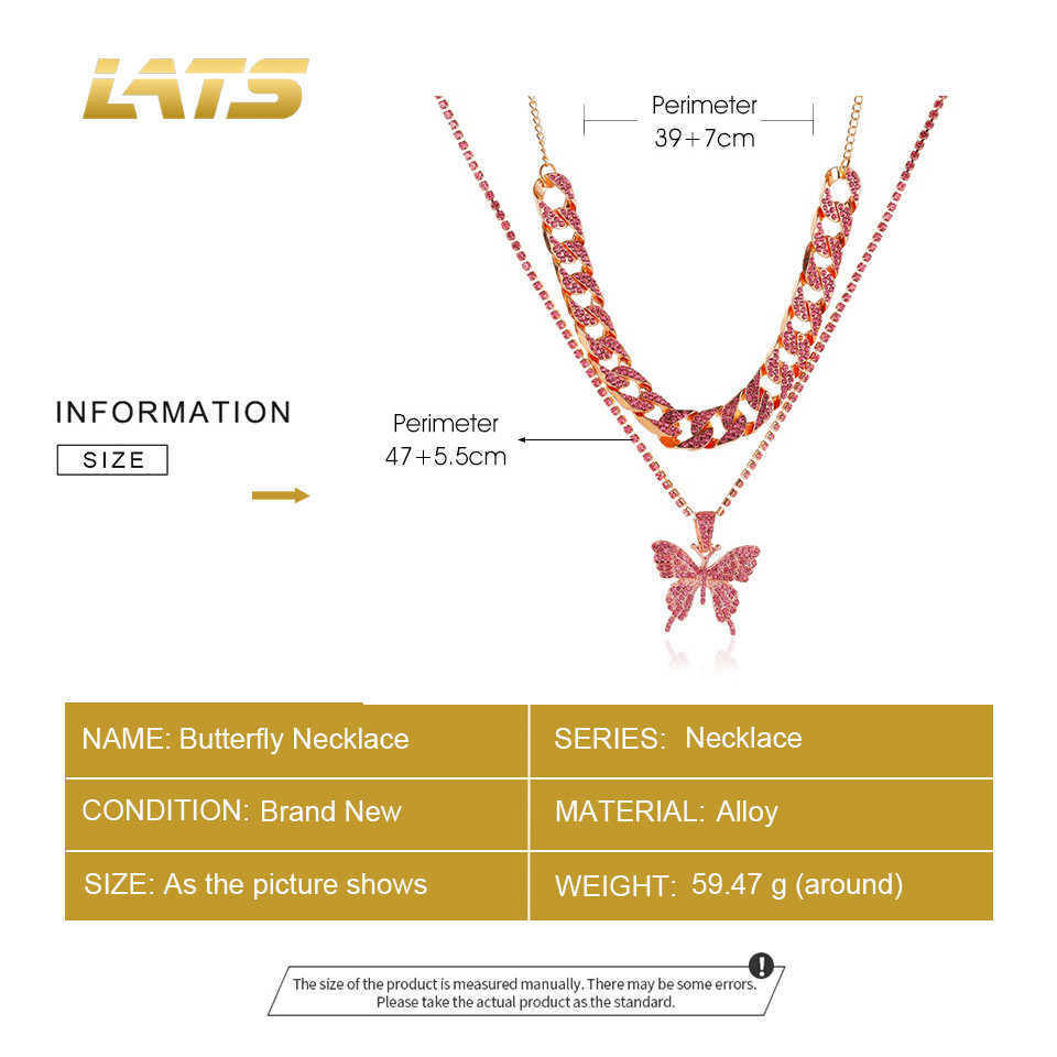 LATS Punk Cuban Double Layer Big Butterfly Pendant Necklace Full Rhinestone Gold Color Choker Thick Chain Necklace Women Jewelry Y0528