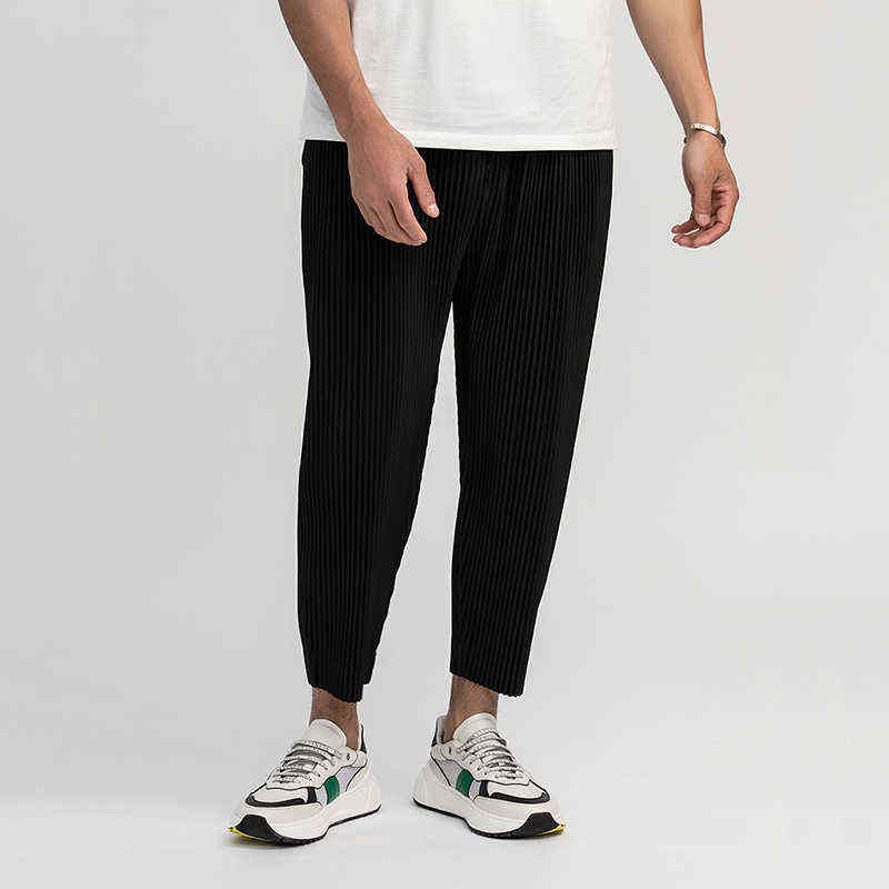 IEFB /men's wear pleated trousers for male Japanese stretch fabric thin style loose drawstring casual ankle-length pants 9Y3050 211112