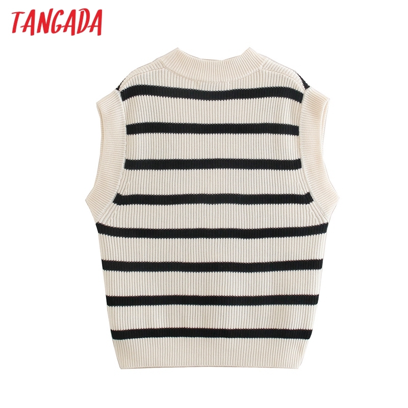 Women Oversized Striped Knitted Vest Sweater Jumper V Neck Sleeveless Female Waistcoat Chic Tops BE477 210416