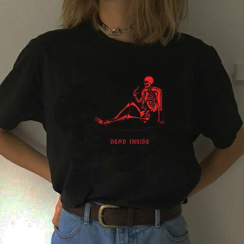 kuakuayu HJN Women Dead Inside T-Shirt Hipster Grunge Style Black Tee Gothic Clothing 210406