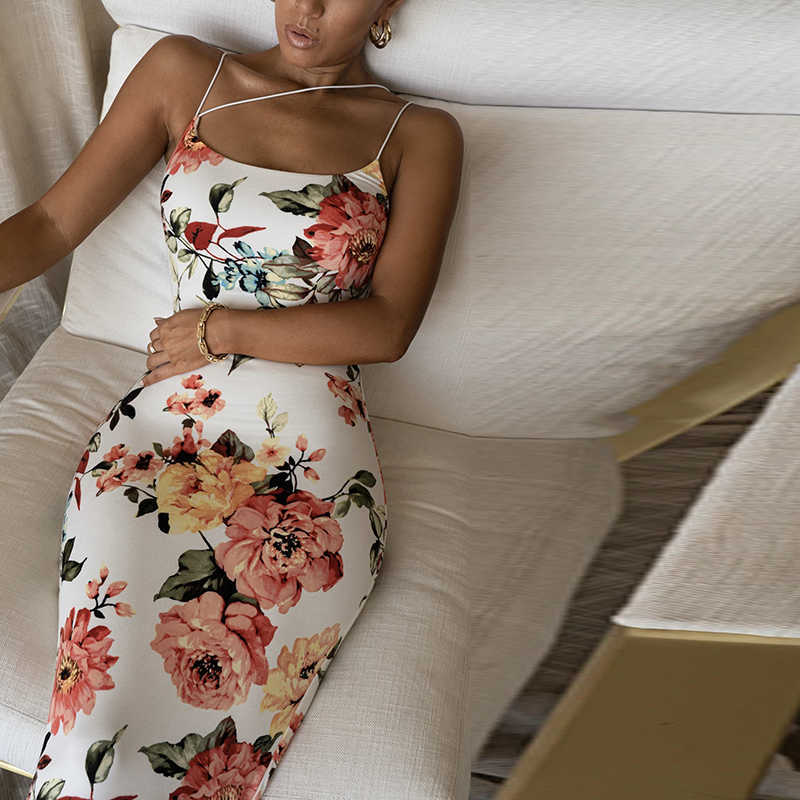 Colysmo Summer Bodycon Midi Dress Women Spaghetti Straps Low Out Sexy es Floral Print Party Club Wear Long White 210527